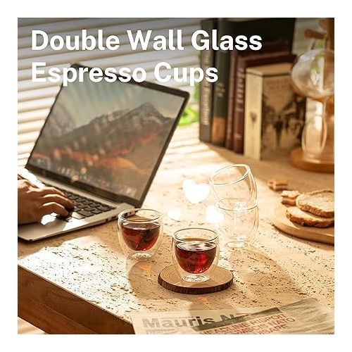  Sweese Espresso Cups Set of 4, Double Walled Glass Coffee Cups 4 Ounce, Insulated Espresso Shot Glass Cups for Espresso Accessories, Clear Glass Espresso Cups Suit for Espresso Machine