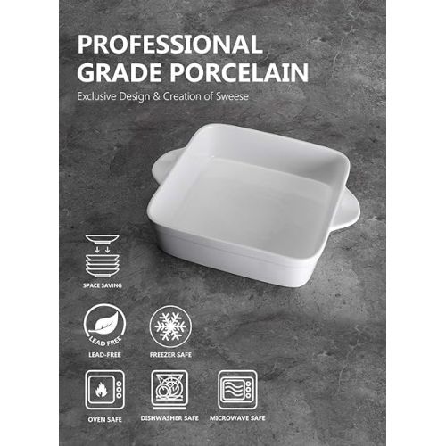  Sweese 8x8 inch Square Porcelain Baking Dish with Double Handles - Non-Stick Oven Casserole Pan for Brownie, Lasagna, Roasting - Great for Serving or Cooking