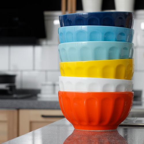  Sweese 1109 Porcelain Fluted Bowl Set - 26 OZ Deep and Microwavable for Cereal, Soup - Set of 6, Hot Assorted Colors