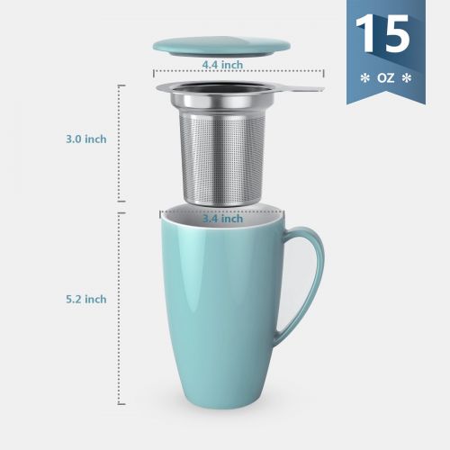  Sweese 2101 Porcelain Tea Mug with Infuser and Lid, 15 OZ, Turquoise