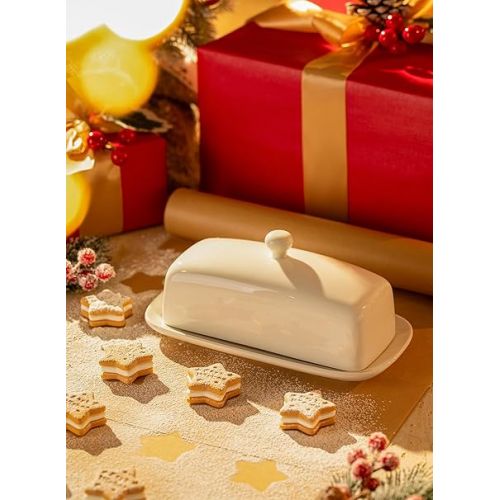  Sweese Butter Dish with Lid, Porcelain Butter Keeper, 7.8 Inch Butter Holder with Handle Cover, Butter Container Perfect for East West Coast Butter, White