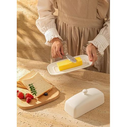  Sweese Butter Dish with Lid, Porcelain Butter Keeper, 7.8 Inch Butter Holder with Handle Cover, Butter Container Perfect for East West Coast Butter, White