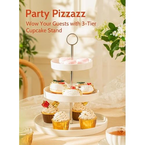  Sweese 3-Tier Porcelain Cupcake Stand, Tiered Dessert Stand, Cake Stand - White Porcelain Round Plates for Tea Party Wedding Baby Shower Buffet Server