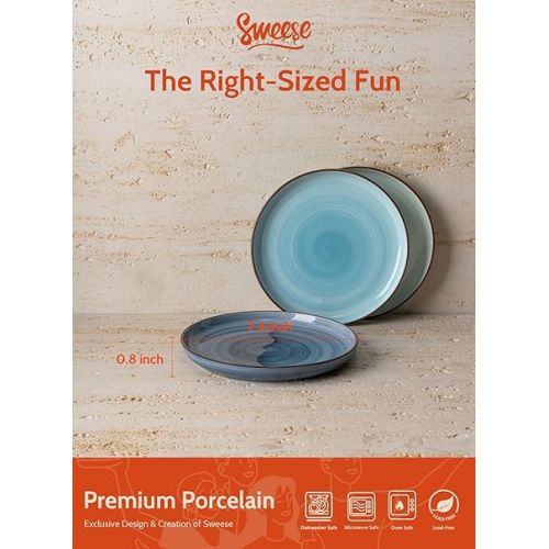  Sweese Dessert Plates, 7.4 Inch Porcelain Round Salad Plates, Appetizer Plates for Kitchen, Small Plates Set of 6, Dishwasher, Oven, and Microwave Safe, Cool Assorted Colors