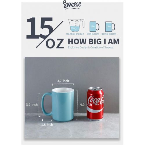  [아마존 핫딜] Sweese 608.003 Porcelain Mugs Set, 15 Ounce Large Handle Mugs, Set of 6, Cool Assorted colors