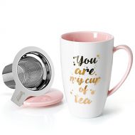 [아마존핫딜]Sweese 201.209 Teetasse mit Deckel und Sieb, Becher aus Porzellan fuer Losen Tee Oder Beutel, Gold Worte weiss/Rosa, 400 ml