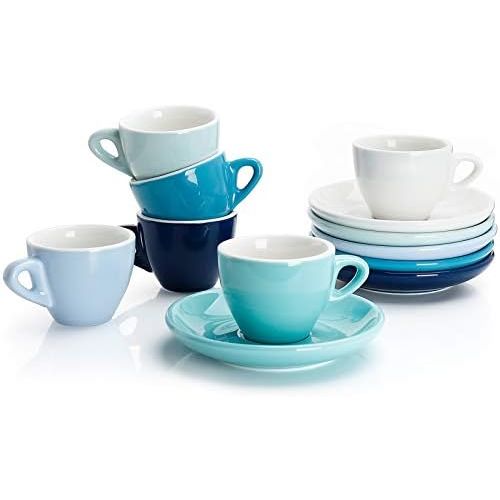  Sweese 401.001 6-teilig Espressotassen Set aus Porzellan, Dickwandige Kaffeetassen mit Untertasse, 75 ml