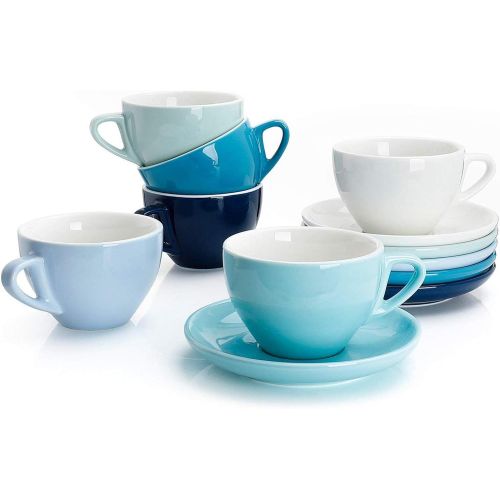  Sweese 403.003 Porcelain Cappuccino Cups with Saucers - 6 Ounce for Specialty Coffee Drinks, Latte, Cafe Mocha and Tea - Set of 6, Cool Assorted Colors