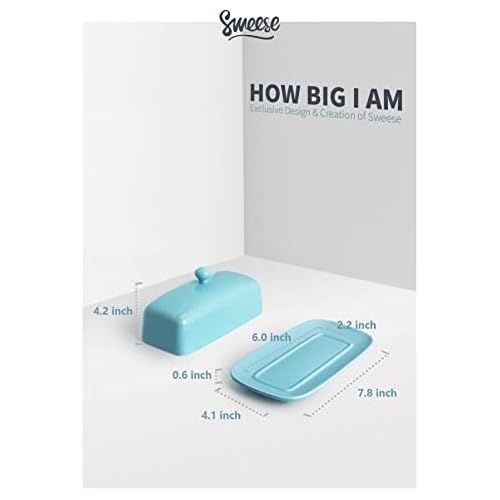  Sweese 307.102 Porcelain Butter Dish with Lid, Perfect for East West Coast Butter, Turquoise