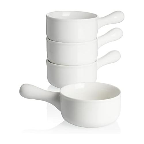  Sweese 109.101 Porcelain Onion Soup Bowls with Handles - 15 Ounce for Soup, Cereal, Stew, Chill, Set of 4, White