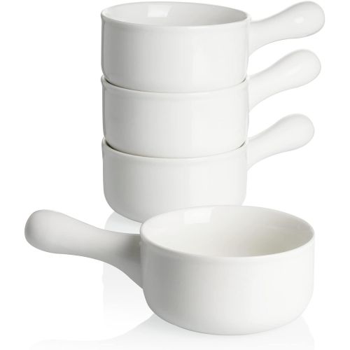  Sweese 109.101 Porcelain Onion Soup Bowls with Handles - 15 Ounce for Soup, Cereal, Stew, Chill, Set of 4, White