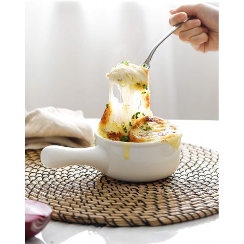  Sweese 109.101 Porcelain Onion Soup Bowls with Handles - 15 Ounce for Soup, Cereal, Stew, Chill, Set of 4, White