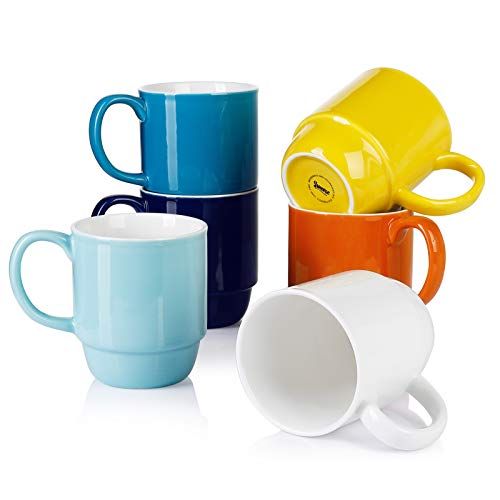  Sweese 609.002 Stackable Mug Set - 21 Ounce Large Coffee Mugs for Coffee, Tea, Cocoa, Set of 6, Hot Assorted Colors