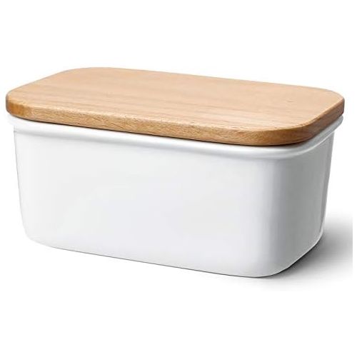  Sweese 301.101 Large Butter Dish - Porcelain Keeper with Beech Wooden Lid, Perfect for 2 Sticks of Butter, White