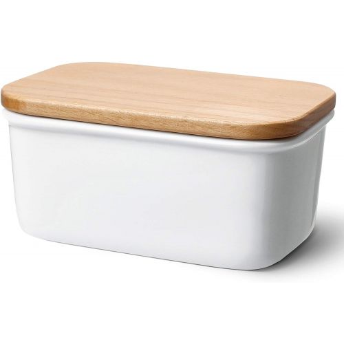  Sweese 301.101 Large Butter Dish - Porcelain Keeper with Beech Wooden Lid, Perfect for 2 Sticks of Butter, White