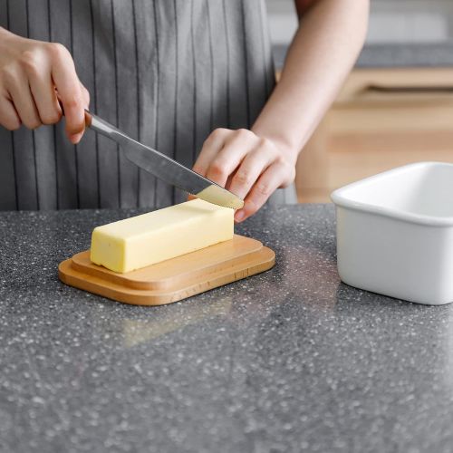  Sweese 301.101 Large Butter Dish - Porcelain Keeper with Beech Wooden Lid, Perfect for 2 Sticks of Butter, White