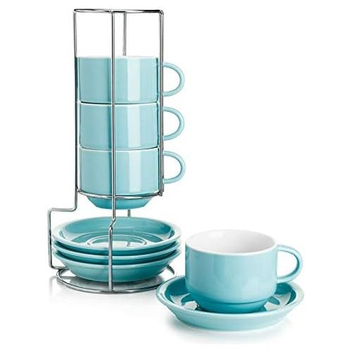  Sweese 406.102 Porcelain Stackable Cappuccino Cups with Saucers and Metal Stand - 8 Ounce for Specialty Coffee Drinks, Cappuccino, Latte, Americano and Tea - Set of 4, Turquoise