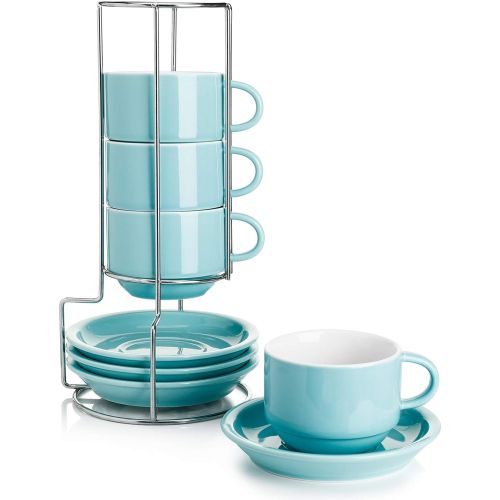  Sweese 406.102 Porcelain Stackable Cappuccino Cups with Saucers and Metal Stand - 8 Ounce for Specialty Coffee Drinks, Cappuccino, Latte, Americano and Tea - Set of 4, Turquoise