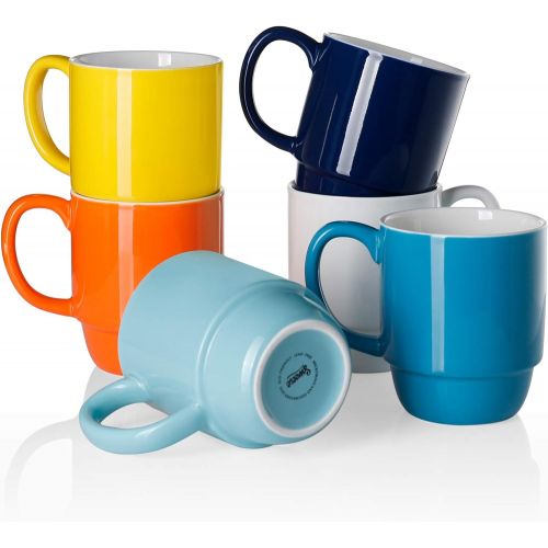  Sweese 605.002 Porcelain Stackable Mug Set - 16 Ounce for Coffee, Tea and Mulled Drinks - Set of 6, Hot Assorted Colors