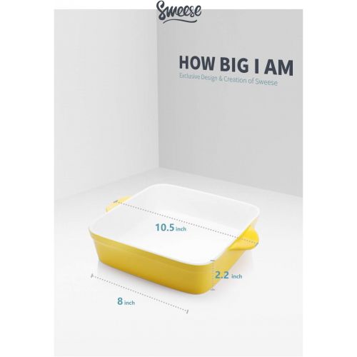  Sweese 514.119 Porcelain Baking Dish, 8 x 8 inch Baker, Square Brownie Pan with Double Handle, Vibrant Yellow