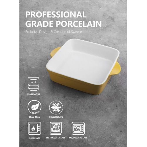  Sweese 514.119 Porcelain Baking Dish, 8 x 8 inch Baker, Square Brownie Pan with Double Handle, Vibrant Yellow