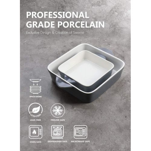  Sweese 514.213 Porcelain Baking Dish?Set of 2, Square Lasagna Pans, 8 x 8 inch & 6 x 6 inch Non-stick Brownie Pan with Double Handle - Grey