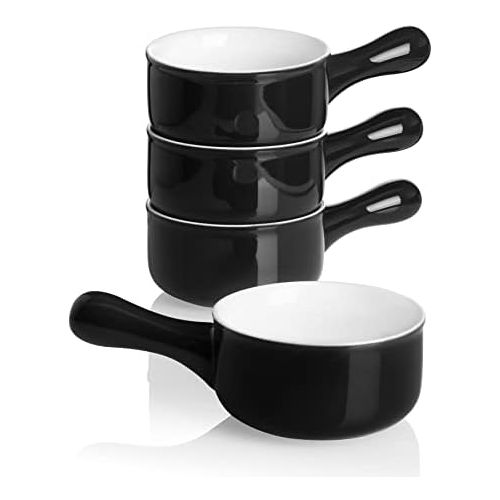  [아마존베스트]Sweese 109.112 Porcelain Onion Soup Bowls with Handles - 15 Ounce for Soup, Cereal, Stew, Chill, Set of 4, Black