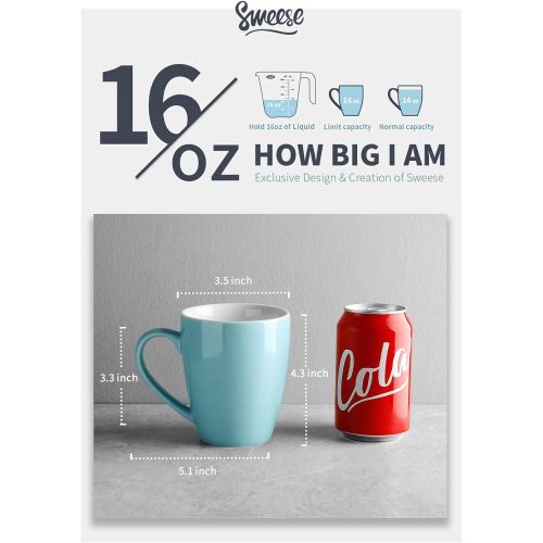  [아마존베스트]Sweese 601.003 Porcelain Mugs - 16 Ounce for Coffee, Tea, Cocoa, Set of 6, Cool Assorted Colors