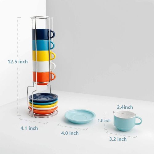  [아마존베스트]Sweese 404.002 Porcelain Stackable Espresso Cups with Saucers and Metal Stand - 2.5 Ounce for Specialty Coffee Drinks, Latte, Cafe Mocha and Tea - Set of 6, Hot Assorted Colors