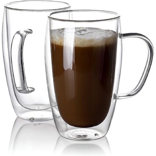  [아마존베스트]Sweese 416.101 Glass Coffee Mugs Set of 2 - Double Wall Tall Insulated Tea Cup with Handle Glassware, Perfect for Cappuccino, Latte, Macchiato, Tea, Juice, Iced Beverages, 15 oz