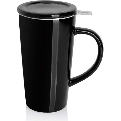  [아마존베스트]Sweese 202.112 Porcelain Tea Mug with Infuser and Lid, Ceramic Coffee Cocoa Cup Set for One, Taller and Large, 18 OZ, Black