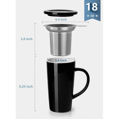  [아마존베스트]Sweese 202.112 Porcelain Tea Mug with Infuser and Lid, Ceramic Coffee Cocoa Cup Set for One, Taller and Large, 18 OZ, Black