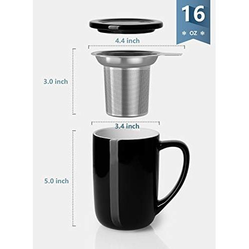  [아마존베스트]Sweese 203.112 Ceramic Tea Mug with Infuser and Lid, Single Cup Loose Tea Brewing System, Draw Your Own Design, 16 OZ, Black