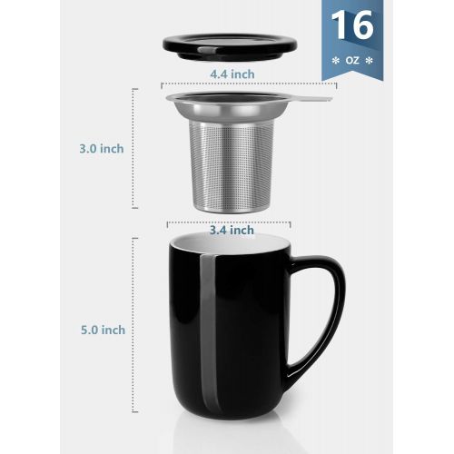  [아마존베스트]Sweese 203.112 Ceramic Tea Mug with Infuser and Lid, Single Cup Loose Tea Brewing System, Draw Your Own Design, 16 OZ, Black