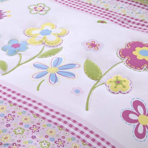  Sweet 4 Piece Girls Pink White Blossoms Floral Comforter Full Queen Set, Blue Green Color Flower Printed Hippy Bohemian Butterfly, Kids Bedding Gingham Print Applique, Adorable Garden Th