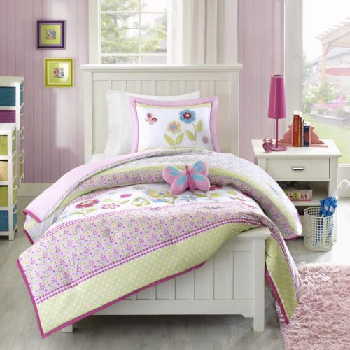  Sweet 4 Piece Girls Pink White Blossoms Floral Comforter Full Queen Set, Blue Green Color Flower Printed Hippy Bohemian Butterfly, Kids Bedding Gingham Print Applique, Adorable Garden Th