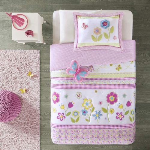  Sweet 4 Piece Girls Pink White Blossoms Floral Comforter Full Queen Set, Blue Green Color Flower Printed Hippy Bohemian Butterfly, Kids Bedding Gingham Print Applique, Adorable Garden Th