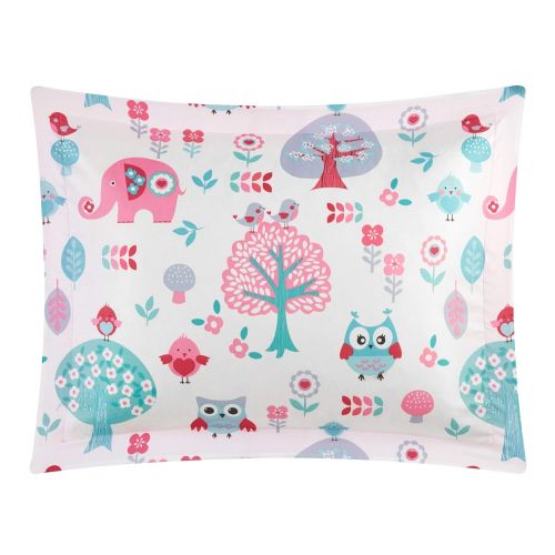  Sweet 4 Piece Elephant Comforter Twin Set Owl Bedding Kids Girls Forest Friends Outdoor Animal Floral Motif Themed Pattern Pink Teal Blue White, Microfiber