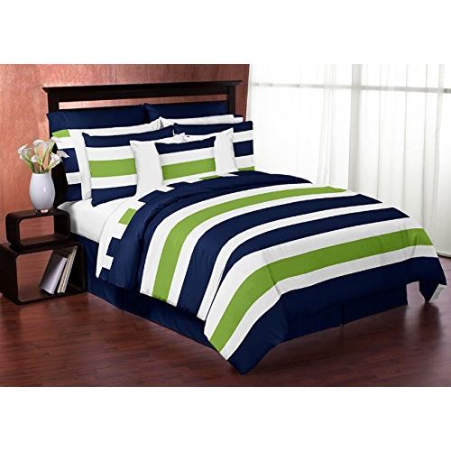  Sweet Jojo Designs 4-Piece Navy Blue Lime Green and White Stripe Teen Boys Twin Bedding Set Collection