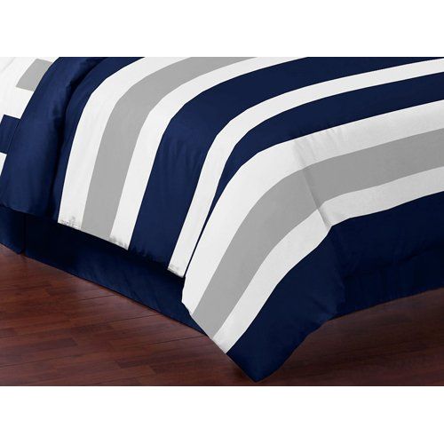  Sweet Jojo Designs 3-Piece Navy Blue, Gray and White Childrens, Teen Full/Queen Boys Stripe Bedding Set Collection