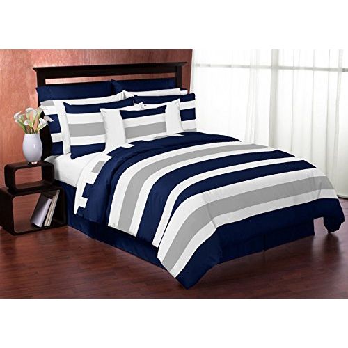  Sweet Jojo Designs 3-Piece Navy Blue, Gray and White Childrens, Teen Full/Queen Boys Stripe Bedding Set Collection