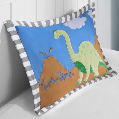  Sweet OSD 4pc Blue Grey Boys Dinosaur Theme Comforter Full Queen Set, Green Brown, Fun Dino Volcano Bedding, Jurassic Age Sharp Tooth Brontosaurus Stegosaurus Long Neck Mountain Themed P