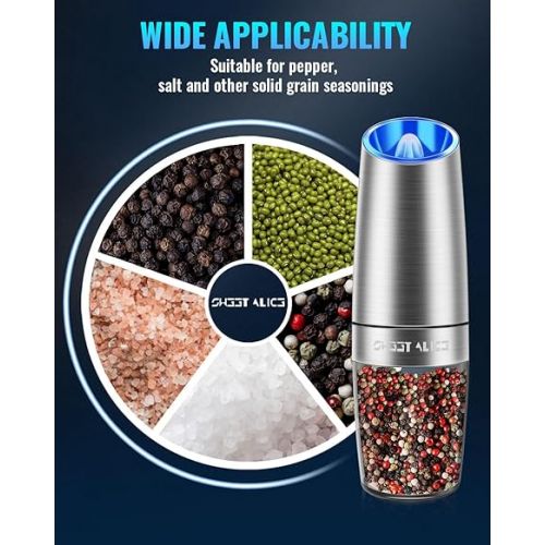  Gravity Electric Pepper and Salt Grinder Set, Salt and Pepper Mill & Adjustable Coarseness, Battery Powered with LED Light, One Hand Automatic Operation, Stainless Steel (Set/Silver)