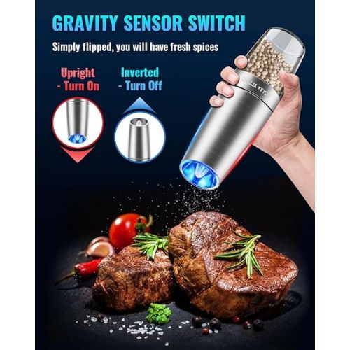  Gravity Electric Pepper and Salt Grinder Set, Salt and Pepper Mill & Adjustable Coarseness, Battery Powered with LED Light, One Hand Automatic Operation, Stainless Steel (Set/Silver)