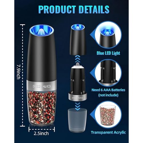  Gravity Electric Pepper and Salt Grinder Set, Adjustable Coarseness, Battery Powered with LED Light, One Hand Automatic Operation, Stainless Steel Black, 2 Pack