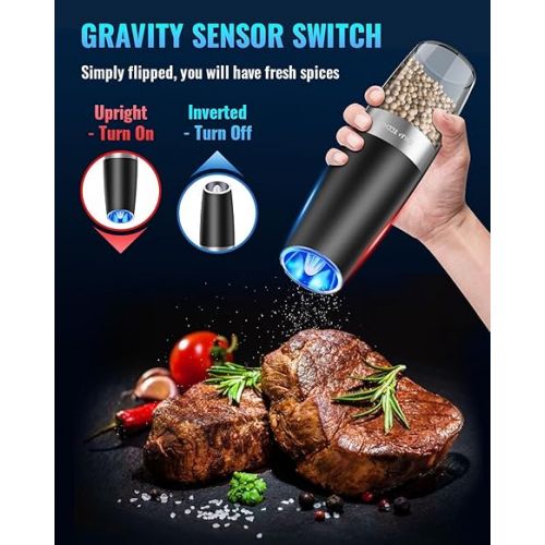  Gravity Electric Pepper and Salt Grinder Set, Adjustable Coarseness, Battery Powered with LED Light, One Hand Automatic Operation, Stainless Steel Black, 2 Pack