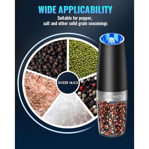  Gravity Electric Pepper and Salt Grinder Set, Adjustable Coarseness, Battery Powered with LED Light, One Hand Automatic Operation, Stainless Steel Black, 2 Pack