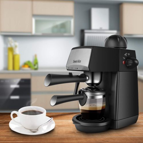  Sweet Alice Espressomaschine, 240ml Kaffeemaschine Elektrische, Espressomaschine fur Cappuccino und Latte, Milchbehaelter und Edelstahl (4 Tassen, 800W)