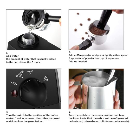  Sweet Alice Espressomaschine, 240ml Kaffeemaschine Elektrische, Espressomaschine fur Cappuccino und Latte, Milchbehaelter und Edelstahl (4 Tassen, 800W)