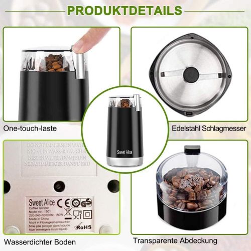  Sweet Alice Coffee Grinder Electric Quiet Coffee Bean Blade Grinders Stainless Steel for Spice Herbs Nuts Cereals Grain Mills